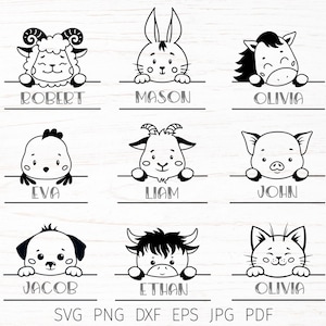 Baby Monogramm svg schnitt, niedliche Bauernhof Tiere Monogramm svg cut Datei für Cricut, Baby Name svg, spähendes Tiergesicht png Clipart.