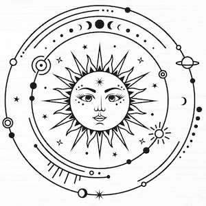Mystieke zon svg, hemelse svg-bestand knippen voor de cricut, ontwerpen van het zonnestelsel, astrologie silhouet print voor shirt, galaxy png, dxf, clipart