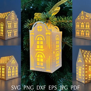 3D Weihnachtshaus svg Vorlage Bundle, Papierweihnachtsdorf svg schnitt Datei für Cricut, Weihnachtslaterne svg Design für Baumhänger.