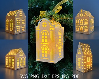 Pacote de modelos svg de casa de natal 3D, arquivo de corte svg de vila de natal de papel para cricut, design svg de lanterna de natal para enfeites de árvore.
