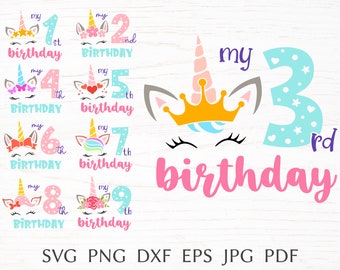 Unicorn verjaardag bundel SVG, verjaardag meisje SVG gesneden bestand voor cricut, verjaardagsnummers met Unicorn gezicht voor baby shirt SVG, PNG, EPS, DXF.