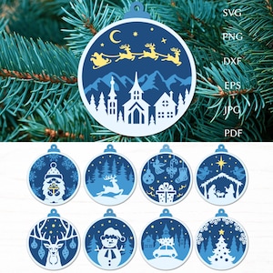 Christmas Ornament laser cut files, 3d layered svg template with christmas scene, christmas round ornament svg bundle