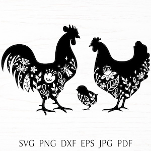 雄鶏の SVG シルエット、花柄の鶏の SVG、クリカット用の農家の看板の SVG カット ファイル、雌鶏のいる田舎風の SVG デザイン、印刷可能な PNG クリップアート。