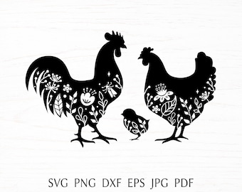 Haan svg silhouet, bloemen kip svg, boerderij teken svg gesneden bestand voor cricut, land svg ontwerp met kip, afdrukbare png clipart.