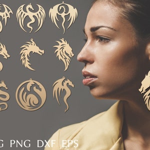 Puede incluir: Un conjunto de diez dise&ntilde;os de pendientes con forma de drag&oacute;n en formatos SVG, PNG, DXF y EPS. Los dise&ntilde;os se muestran sobre un fondo blanco y presentan una variedad de poses y estilos de dragones.