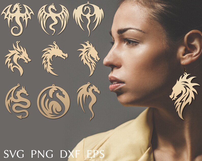 Puede incluir: Un conjunto de diez dise&ntilde;os de pendientes con forma de drag&oacute;n en formatos SVG, PNG, DXF y EPS. Los dise&ntilde;os se muestran sobre un fondo blanco y presentan una variedad de poses y estilos de dragones.