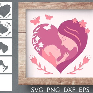 Plik SVG do cięcia cieni na Dzień Matki dla Cricut, warstwowe pudełko cieni z mamą i dzieckiem SVG, prezent dla mamy SVG, szablon SVG wycinania papieru 3D, png, dxf