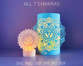 Chakras lantern svg cut file for cricut, 3d paper lanterns svg template, Om sign tealight design.