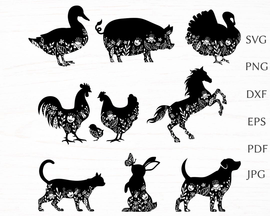 Farm Animals Svg Bundle, Animal Silhouette With Flower Decor, Farmhouse ...