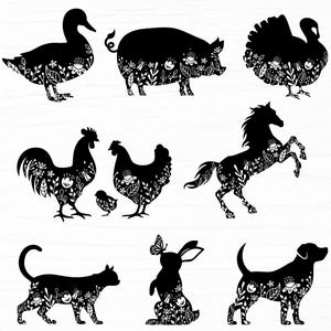 Paquete de svg de animales de granja, silueta de animal con decoración floral, archivo de corte svg de granja para cricut, animales florales, clipart png imprimible
