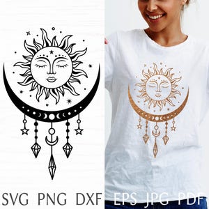 Sun and moon svg, celestial svg designs, boho svg cut file for cricut, mystical print for shirt, witchy magic moon silhouette png clipart