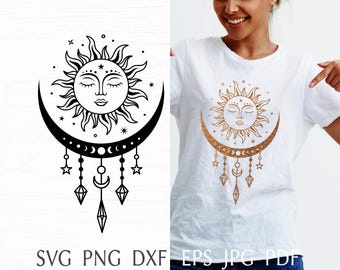 Sun and moon svg, celestial svg designs, boho svg cut file for cricut, mystical print for shirt, witchy magic moon silhouette png clipart