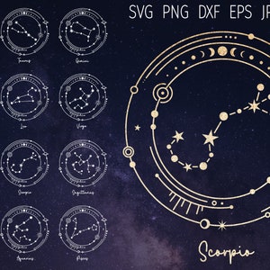 Op de afbeelding: Een set van 12 zodiac-sterrenbeeld illustraties in goud en wit op een donkerblauwe achtergrond. Elk sterrenbeeld is omgeven door een cirkel met een gouden omtrek. De sterrenbeelden zijn gelabeld met hun overeenkomstige zodiac-tekens. Het woord "Schorpioen" staat in gouden schrift onderaan de afbeelding.