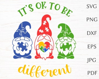 Autism svg design with gnomes & quote It's ok to be different, autism awareness svg cut file for cricut, print for shirt, png clipart