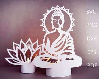 3d lantern svg template, layered paper lantern with Buddha sitting in meditation and lotus flower, spiritual gift design