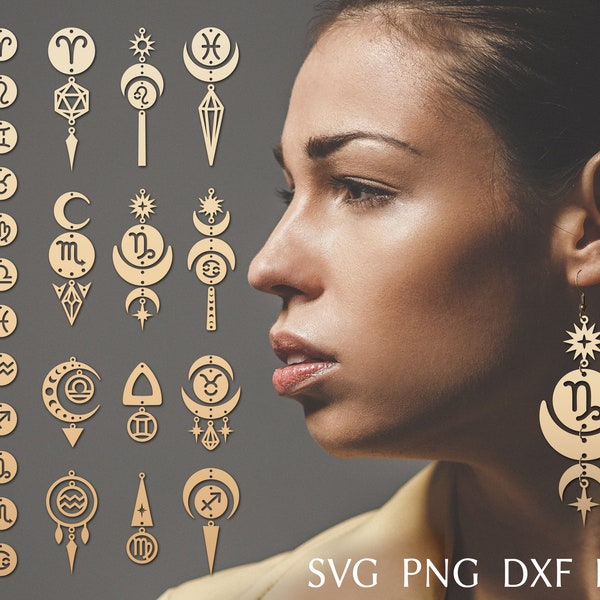 Zodiac earring svg file for cricut, faux leather earrings bundle, laser cut template for brass or wood earrings, DIY jewelry svg, dxf, png