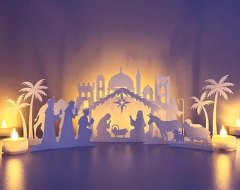 3d Nativity scene svg template, paper Сhristmas scene with newborn Jesus and the Holy Family, svg cut file for cricut project, religious svg