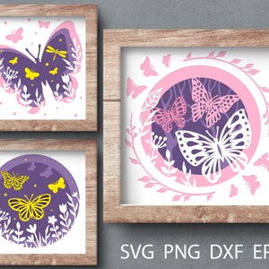 Schmetterling Schattenbox für Cricut, 3D Papierschnitt Datei, Sommer Schattenbox mit Schmetterlingen Png Dxf, Dekor svg