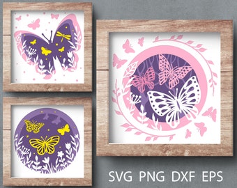 Butterfly shadow box svg cut file for cricut, 3d papercut svg template, summer layered shadow box with butterflies png dxf, decor svg