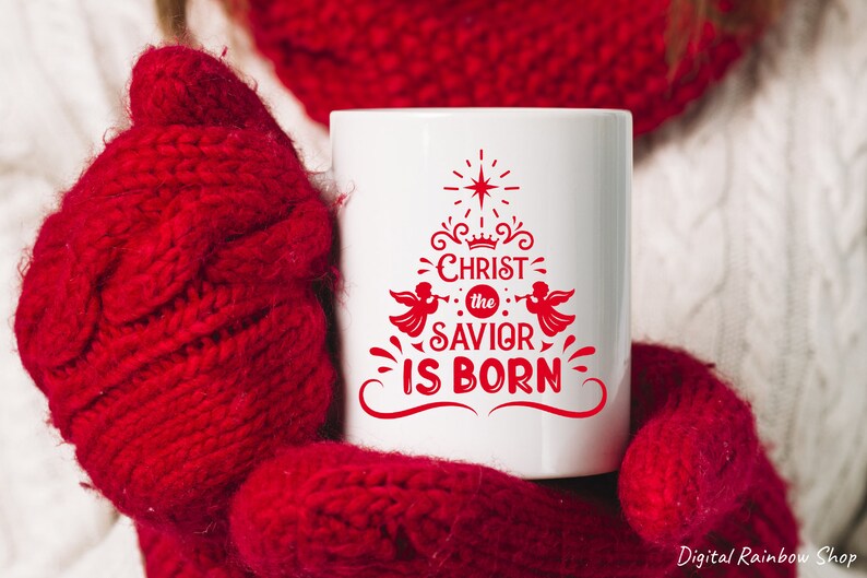 Christian christmas svg quote Christ the savior is born, nativity svg cut file, religious svg design, gold png print, christmas tree clipart image 4