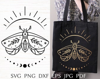 Mariposa boho svg, polilla celestial svg, archivo de corte para cricut, estampado místico de bruja para camisa, silueta de línea mágica svg, dxf, clipart png.