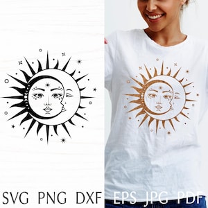 Sun and moon svg, boho svg, celestial design with crescent moon and sun, mystical print for shirt, magic svg silhouette, png clipart