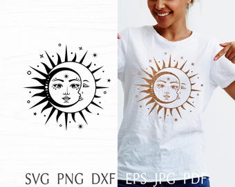 Sun and moon svg, boho svg, celestial design with crescent moon and sun, mystical print for shirt, magic svg silhouette, png clipart