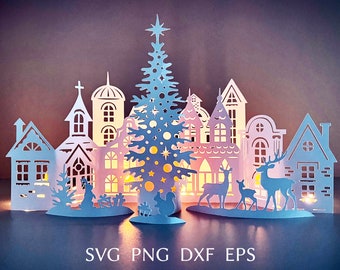 3d christmas village svg template, paper christmas house svg cut file for cricut, DIY crafts for christmas mantel, winter scene with city.