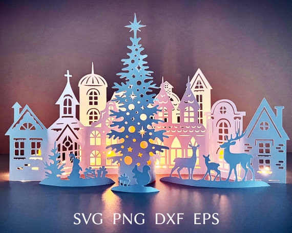 3d christmas village svg template, paper christmas house svg cut file for cricut, DIY crafts for christmas mantel, winter scene with city.