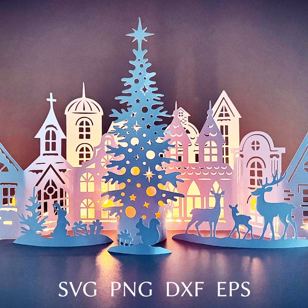 3D-kerstdorp SVG-sjabloon, papieren kersthuis SVG-bestand knippen voor cricut, DIY-ambachten voor kerstmantel, winters tafereel met stad.