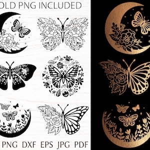 Floral Schmetterling svg bundle, Schmetterling Silhouette mit Blumen und Mond, Schmetterling Schablone, Golg Schmetterling png Clipart