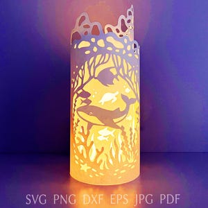 Ocean lantern template svg, sea paper lantern with whales and marine animals, DIY home decor, cut file for cricut.