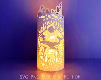 Ocean lantern template svg, sea paper lantern with whales and marine animals, DIY home decor, cut file for cricut.