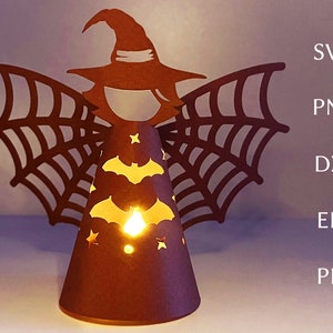 Szablon svg z lampionem na Halloween, wycinanka wiedźmy 3d, plik svg z lampionem na podgrzewacz do cięcia dla cricut, dekoracje wiedźmy na Halloween do samodzielnego wykonania.