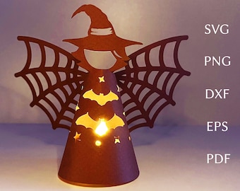 Halloween lantern svg template, 3d witch papercut, Tea light lantern svg cut file for cricut, Halloween witch decorations for DIY craft.