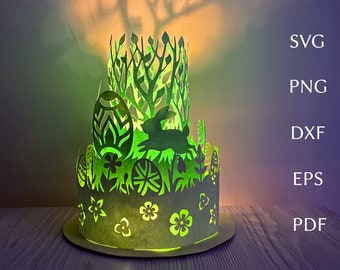 イースター ランタン SVG テンプレート、3D デザイン、イースター バニーと卵が描かれた重ねた紙製ランタン、ティー ライト ランタン、ホリデー ホーム デコレーション。