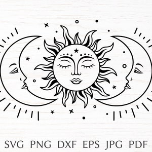 Sun and moon svg, celestial svg design with crescent moon, mystical print for shirt, magic moon silhouette png clipart, svg file for cricut