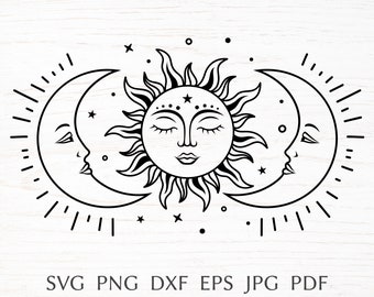 Sun and moon svg, celestial svg design with crescent moon, mystical print for shirt, magic moon silhouette png clipart, svg file for cricut