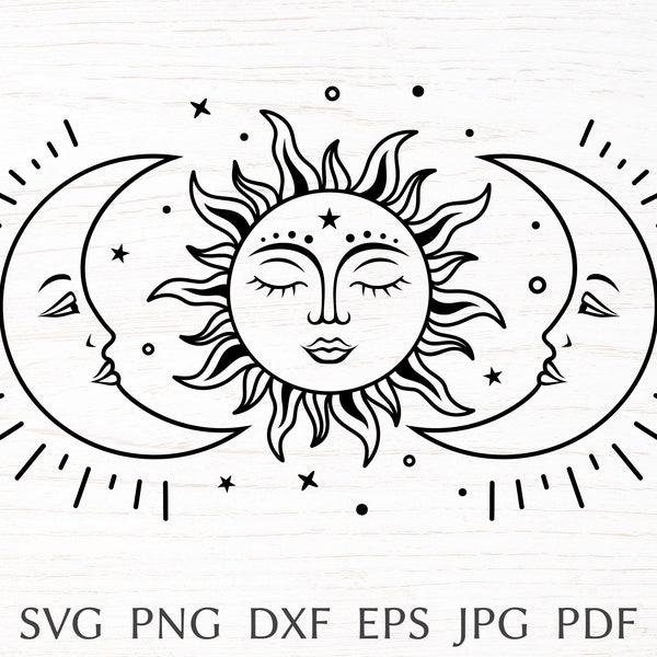 Sun and moon svg, celestial svg design with crescent moon, mystical print for shirt, magic moon silhouette png clipart, svg file for cricut