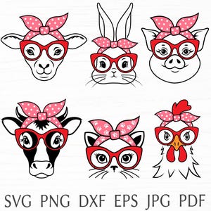 Paquete de svg de animales de granja, cara divertida de animales de granja con pañuelo y anteojos, archivo de corte svg de granja para cricut, clipart png imprimible