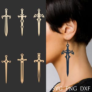File di taglio in formato SVG per orecchini a forma di spada per Cricut, set di orecchini in finta pelle fantasy, modello tagliato al laser per orecchini in ottone o legno, bigiotteria fai da te.