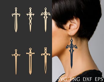 Sword earrings svg cut file for cricut, fantasy faux leather earrings bundle, laser cut template for brass or wood earrings, DIY jewelry.