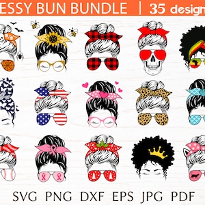 Paquete svg de moño desordenado, archivo de corte svg de vida de mamá para cricut, mamá divertida con moño, pañuelo y gafas de sol, estampado para camiseta de mamá, clipart png