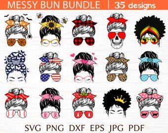 Messy bun svg bundle, mom life svg cut file for cricut, funny mom with hair bun, bandana & sunglasses, print for mom shirt, png clipart