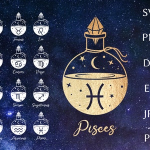 Paquete SVG de signo del zodíaco, archivo de corte svg del zodíaco místico para cricut, svg de astrología, diseño svg de bruja boho, svg de signo del horóscopo, png, eps, dxf