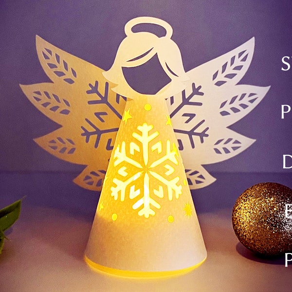 Christmas lantern svg template, 3d angel papercut, Tea light lantern svg, Christmas Angel with snowflake, Christmas decorations.