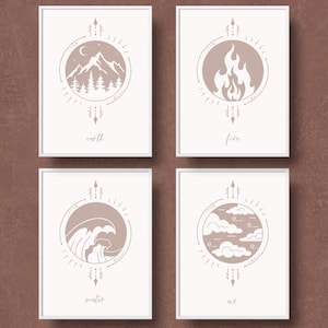 Four Elements Art Print set of 4, boho printable wall art, Water, Air, Earth, Fire digital poster, gift for rituals.