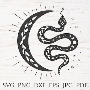 Arquivo de corte svg boho, cobra e lua crescente para cricut, bruxa, magia, místico, celestial svg, camiseta boho svg, png, eps, dxf, jpg.