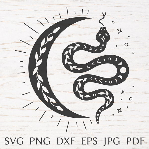 Boho svg, snake and crescent moon svg cut file for cricut, witch, magic, mystical,celestial svg, bohemian Tshirt svg, png, eps, dxf, jpg.