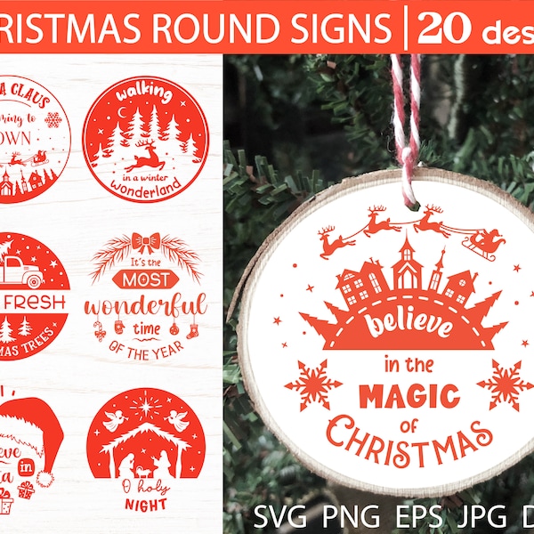 Christmas ornament svg bundle, Christmas sign svg cut file for cricut, holiday ornament, door hanger, round sign design, png clipart